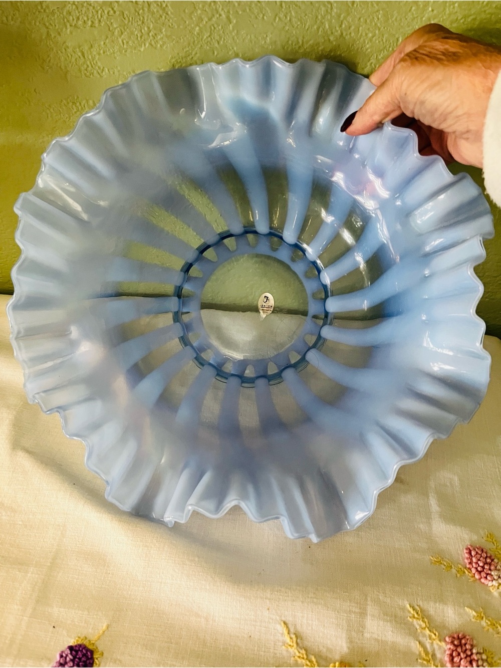 Vintage Fenton Provincial Blue Rib Optic Opalescent Bride’s Bowl Double Ruffle